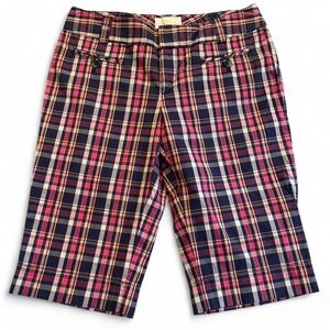 Elevenses by Anthropologie Navy and Pink Plaid Bermuda Shorts Women’s Size 6